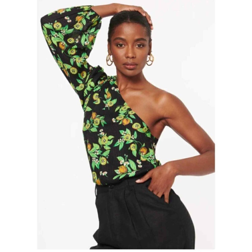 CAMI NYC 'Lenore' One-Shoulder Kiwi-Print Top, Black Multicolor